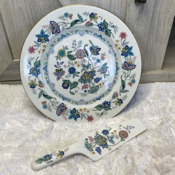 Andrea by Sadek Cake Plate & Server Set Multicolor Floral/Leaf Design W/GoldRim - Picture 3 of 9